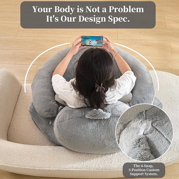 17" Reading Pillow for Bed,U Shaped Arm & Elbow Support,Gray Faux Fur | Backrest Supports Back,U Shaped Lap Pillow Cushions Arms,Elbows & Wrists,Plush Faux Fur for Reading,Gaming,Watching TV