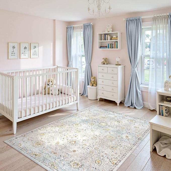 Lahome Flavie Boho Light Blue Area Rug 5x7 for Living Room, Soft Large Floral Rug for Bedroom Aesthetic, Machine Washable Floor Carpet Non Slip Indoor for Home Decor (Blue/Grey)