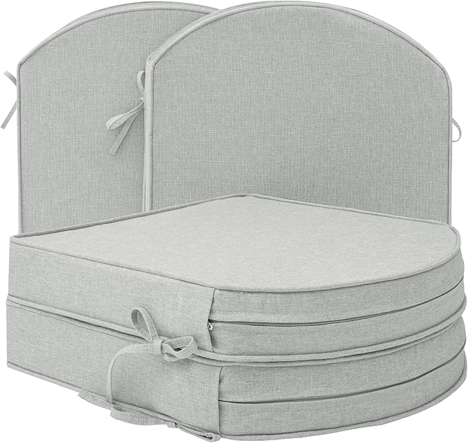Outdoor Chair Cushions, Fade-Resistant & Water-Resistant, D Shaped Patio Furniture Seat Chair Pads Replacement with Ties, Non-Slip Bottom, Removable Cover, Set of 4, 18.5 x 16 Inch, Light Grey