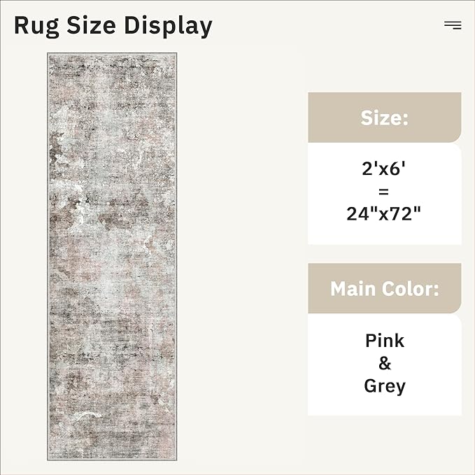 Soalmost Runner Rug 2x6 Washable Non-Slip Kitchen Runner Rugs for Bathroom Laundry Room Pink/Grey Vintage Floor Carpet Runners for Hallway Entryway