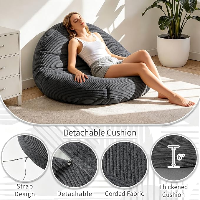 Papasan Breathable Round Chair Cushion (Without Chair) with Detachable Corduroy Cover,48 x 48 x 6 Inch Oversized Round Chair Pad Supportive Cushion, Overstuffed Chair Cushion,Memory Foam Filling,Grey