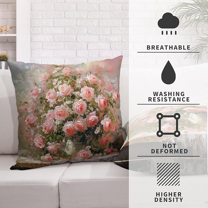 Pink Rose Pillow Covers Spring Summer Daisy Flower Pillow Cases Rose Oil Painting Throw Pillow Covers 16x16 Set of 2 Vintage Shabby Chic Cushion Cases for Home Farmhouse Couch