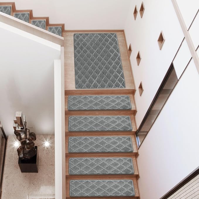 PURE ERA Carpet Stair Treads Tape Free Non Slip Indoor Stair Carpet Stair Protectors Pet-Friendly Non-Slip Skid Resistant Washable Reusable 8" x 30"(7 Pieces,Gray Diamond Trellis)