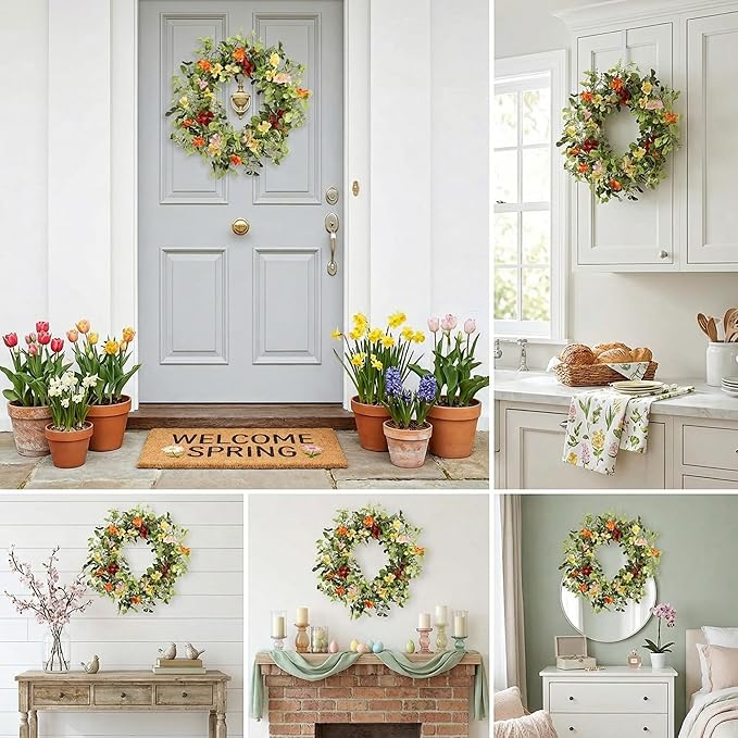 22IN Artificial Spring Summer Wreath with Wild Flowers & Silk Daisies Eucalyptus, UV Resistant, Colorful Wreath - for Spring Summer Indoor Outdoor Home Décor