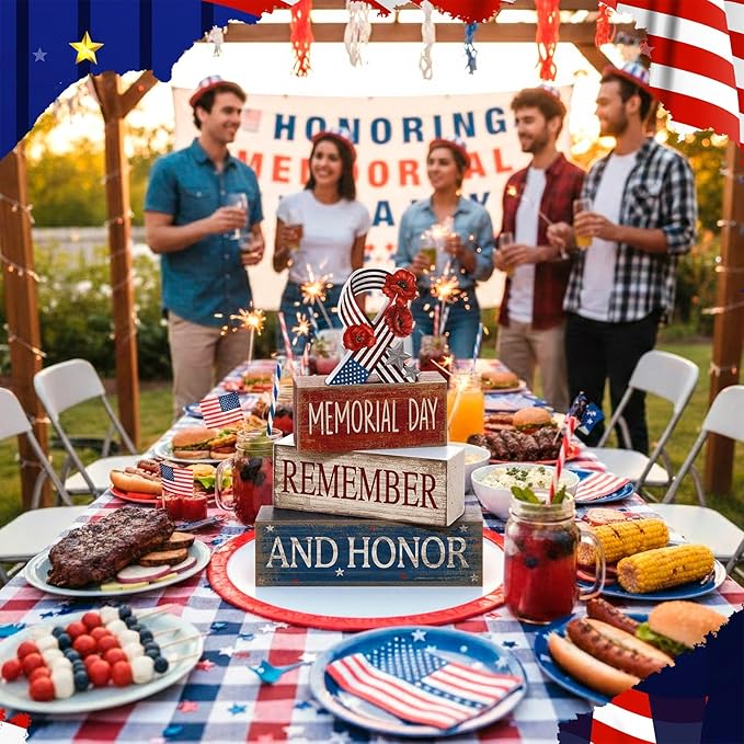 CroBlissful 4 Pcs Memorial Day Decorations Patriotic Remember Tabletop Decorations Star Ribbon Red White Blue 4th of July Table Centerpieces Sign for Office Tiered Tray Home Shelf 250th Anniversary
