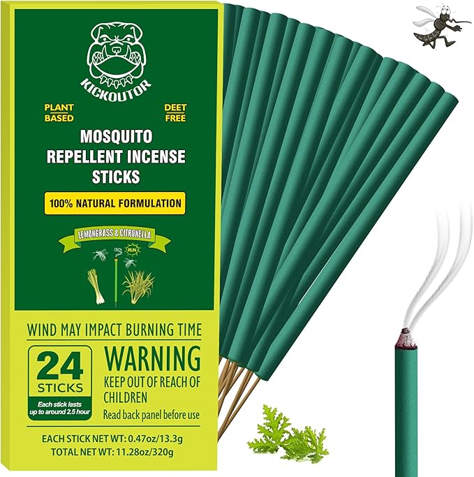 KICKOUTOR® Mosquito Repellent Outdoor Patio, 24 Count Natural Citronella Mosquito Incense Sticks, 2.5-Hour Burn DEET-Free Flying Insect Bug Control for Backyard Camping | Gnat No-See-um