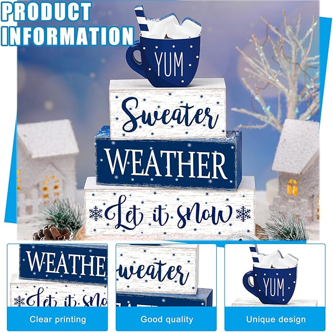 Marsui 4 Pcs Winter Wooden Tabletop Let It Snow Tiered Tray Decor Snowflakes Decorative Wood Block Sign Gift Farmhouse Christmas Table Centerpiece for Home Indoor Holiday