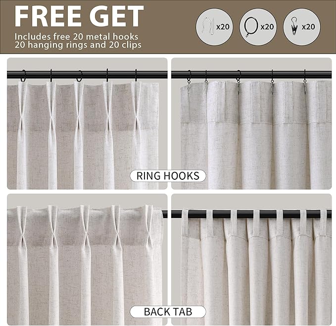 Guken Beige Boho Farmhouse Pinch Pleated Linen Curtains 90 Inches Long Neutral Semi Sheer Textured Linen Blended Light Filtering Curtain for Living Room Bedroom Pleated Drapes with Hooks Rings 40x90