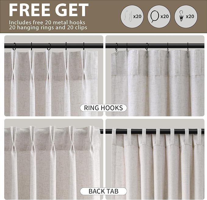 Guken Beige Boho Pinch Pleated Linen Curtains Farmhouse 84 Inches Long for Living Room 2 Panels Set Semi Sheer Light Filtering Pinch Pleat Hooks Rings Back Tab 84 Inch Curtain for Bedroom Nursery