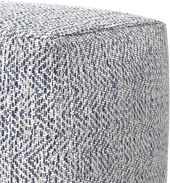 SIMPLIHOME Nate Square Pouf - 18 inch Wide Upholstered Handwoven Cotton Ottoman in Blue, Boho Footstool or Extra Seating for Living Room or Bedroom with Polystyrene EPS Beads, Assembled