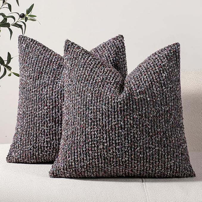 DEZENE Striped Throw Pillow Covers 18x18 Set of 2 Colorful PurpleTextured Boucle Chic Morden Boho Accent Farmhouse Square Decorative Couch Pillow Covers for Home Decor Bed Sofa Living Room