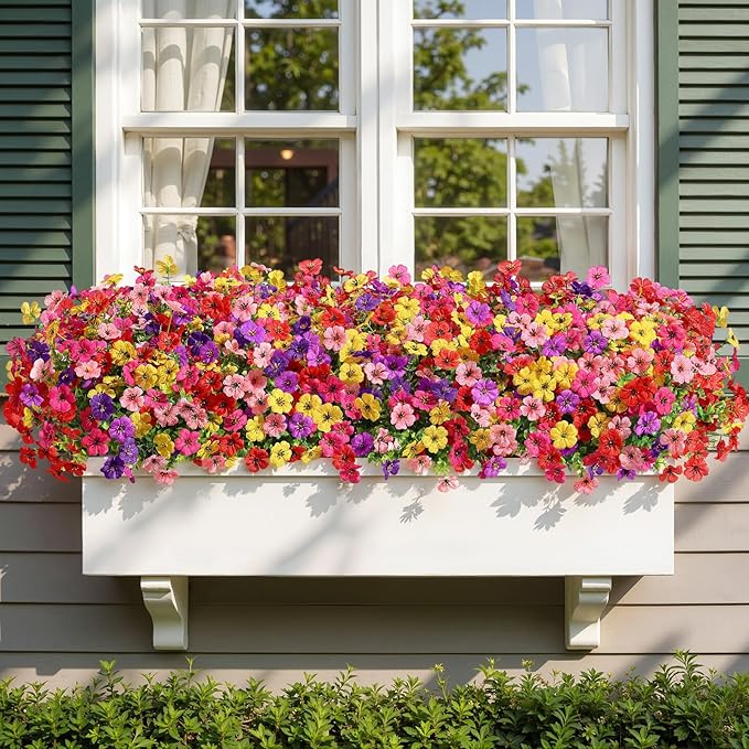 Alupssuc 48 Bundles Artificial Flowers for Outdoors Decoration, UV Resistant Silk Faux Floral Spring Fake Plastic Plants Greenery for Outside Indoor Patio Porch Window Box Home Decor, Mix 6 Colors