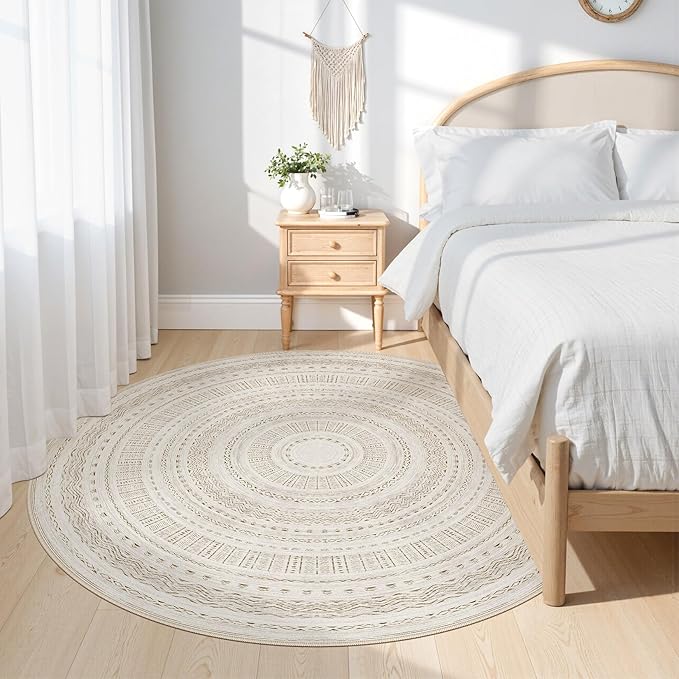cotiled 6x6 Round Area Rug Living Room: Washable Boho Rugs with Non Slip Backing Large Soft Indoor Stain Resistant Carpet for Bedroom Farmhouse Dining Room Lightweight Home Decor Brown/Cream
