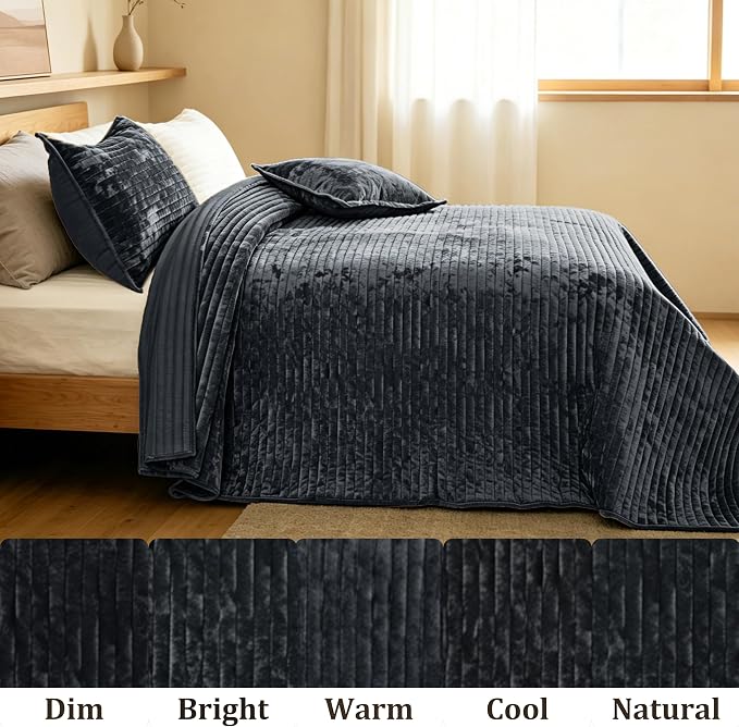 Luxury Velvet California King 106x118 in Quilt Set 3 Piece Quilted Bedspread with 2Pillow Shams(20x36) Ultra Soft Coverlet All Season Bedding for Farmhouse Modern Bedroom Sofa,Grey Blue