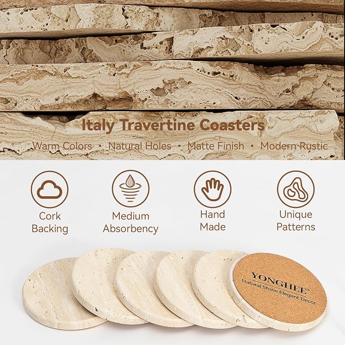 Travertine Marble Coasters Set of 6, 4" Round Rustic Farmhouse Coasters for Coffee Table Decor, Thick Heavy Stone Drink Coaster with Cork Backing, New Home Decor, Gift Boxed for Housewarming