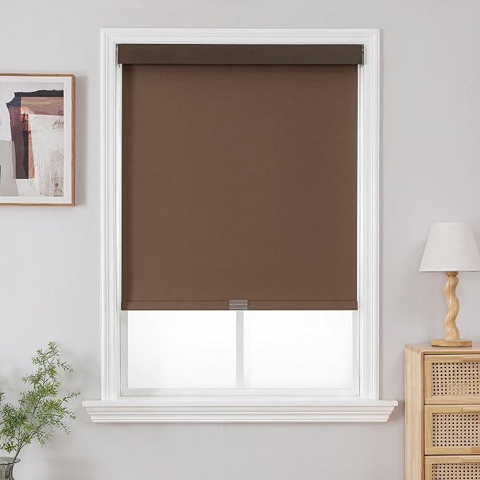 Joydeco 100% Blackout Roller Shades (Pro), Free-Stop Cordless Blinds for Windows, UV Protection, Natural Woven Blinds for Home and Office, Light-Proof Aluminum Cover (Coffee, Custom Size)