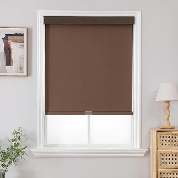 Joydeco 100% Blackout Roller Shades (Pro), Free-Stop Cordless Blinds for Windows, UV Protection, Natural Woven Blinds for Home and Office, Light-Proof Aluminum Cover (Coffee, 38" W x 75" H)