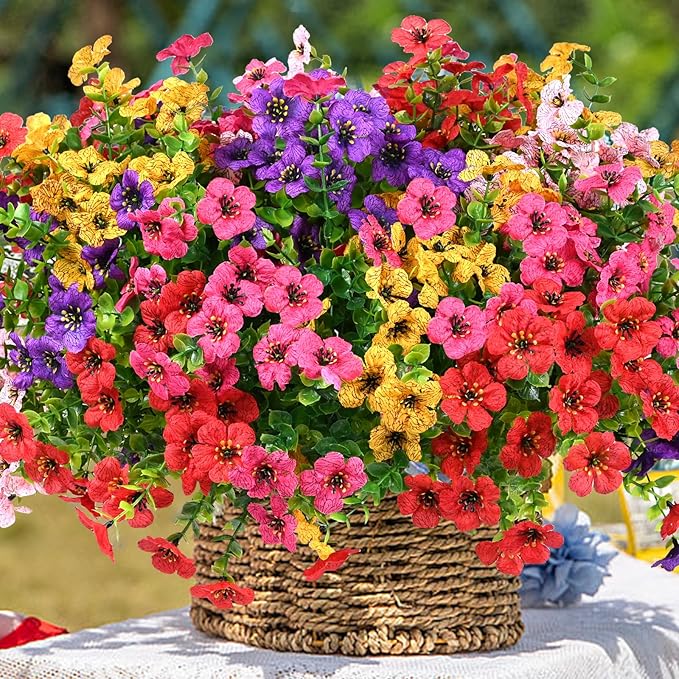 trytuny Artificial Flowers for Outdoor, UV Resistant Fake Silk Flowers, Realistic Faux Plants for Outside Indoor Porch Patio Window Box Planter Home Decor (14, Yellow Purple Rosy Red)