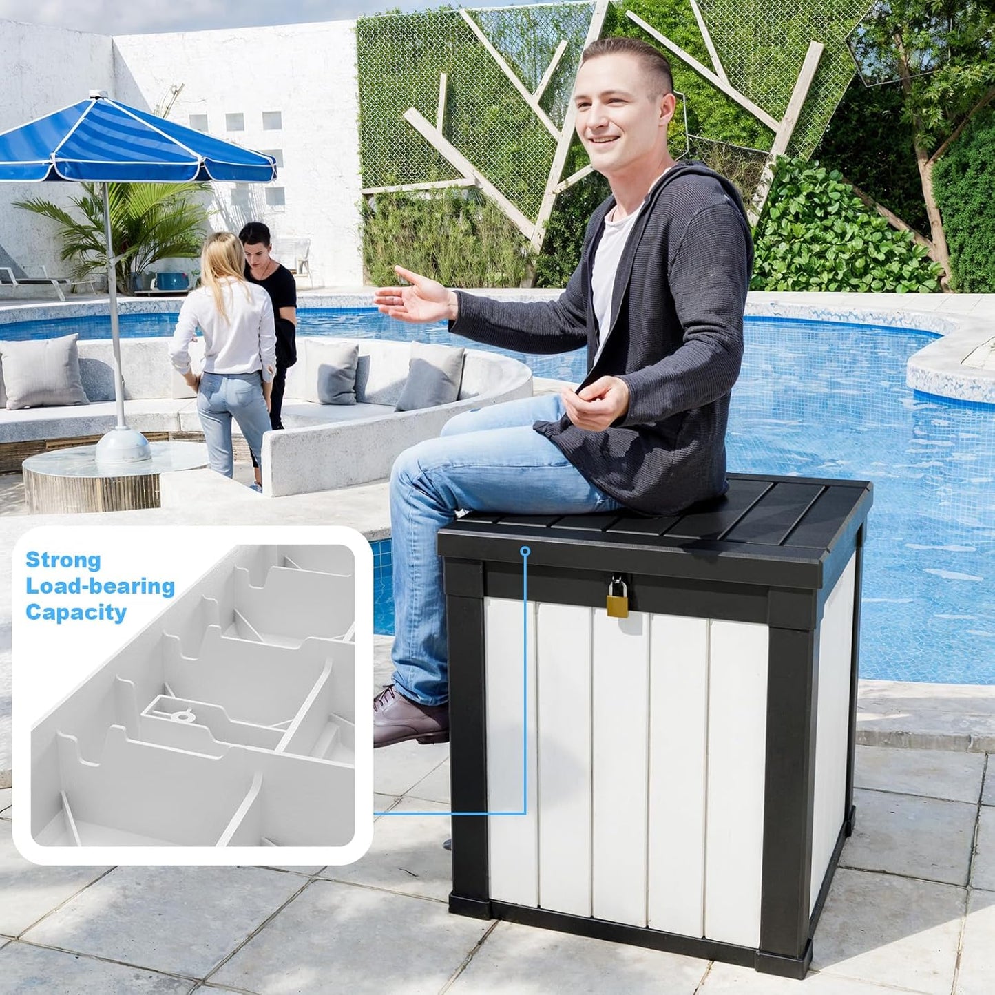 50-Gallon Outdoor Deck Box,Storage Lockable Waterproof Patio Furniture,Garden Tools,Cushions,Pool Accessories Outside Storage Resin Box(Black and White)