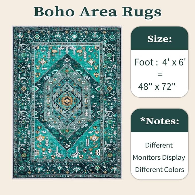 SERISSA 4x6 Boho Bedroom Rug, Washable Non Slip Vintage Teal Area Rugs, Ultra Soft Print Distressed Tribal Entry Rug Low-Pile Throw Carpet for Nursery Dorm Kitchen Living Room Decor
