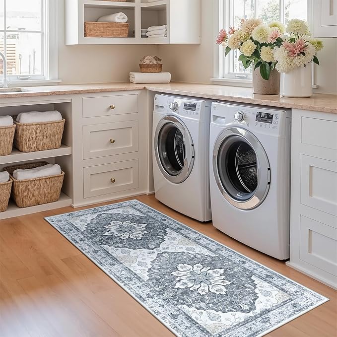 RELEANY Area Rugs 2'x5' Runner Rug Non Slip Washable for Kitchen Hallway Bedroom Beside Laundry Room Bathroom Rug, Floor Carpet, Light Gray Grey White