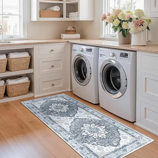 RELEANY Area Rugs 2'x5' Runner Rug Non Slip Washable for Kitchen Hallway Bedroom Beside Laundry Room Bathroom Rug, Floor Carpet, Light Gray Grey White