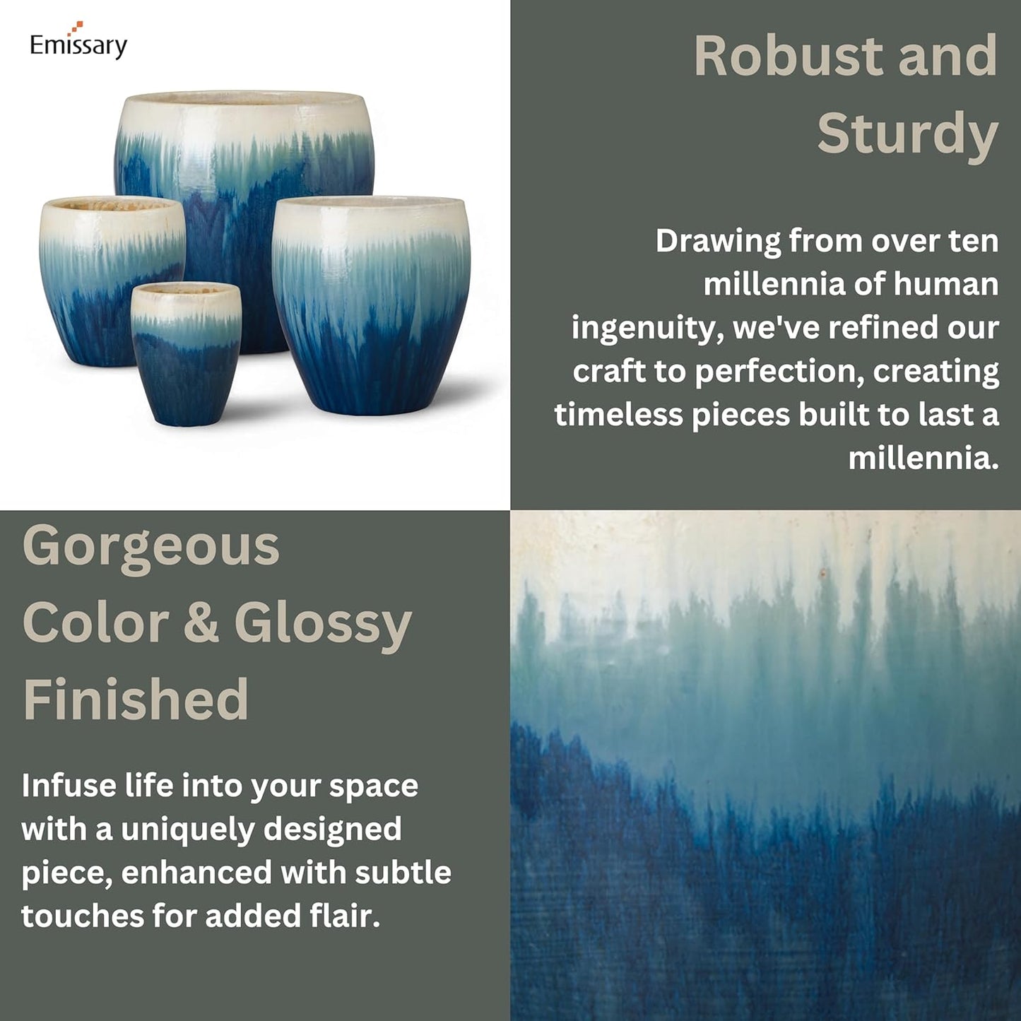 Emissary Home and Garden 13in., 16in., 19in.,23.5in. H Blue Snow Stoneware Round Planters with High-fire Treatment (Set of 4)