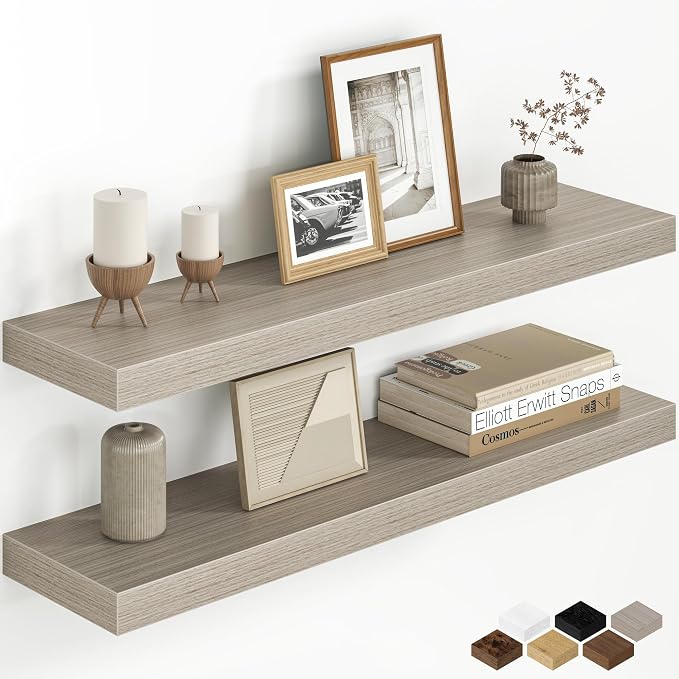 Fun Memories 32 Inch Floating Shelves for Wall, 8 Inch Deep Rustic Wood Floating Shelves Set of 2, Wall Mounted Hanging Shelf with Invisible Brackets for Bathroom, Bedroom, Kitchen, Living Room, Grey