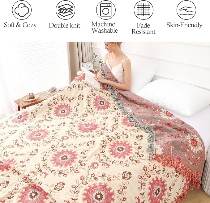 Snycler Boho Throw Blanket for Bed - 100% Cotton Ultra Soft Rustic Quilt - Pink Boho Floral Printed Farmhouse Decor Bed Blankets, 91"x98" All Season Rustic Throw for Sofa Couch Chair