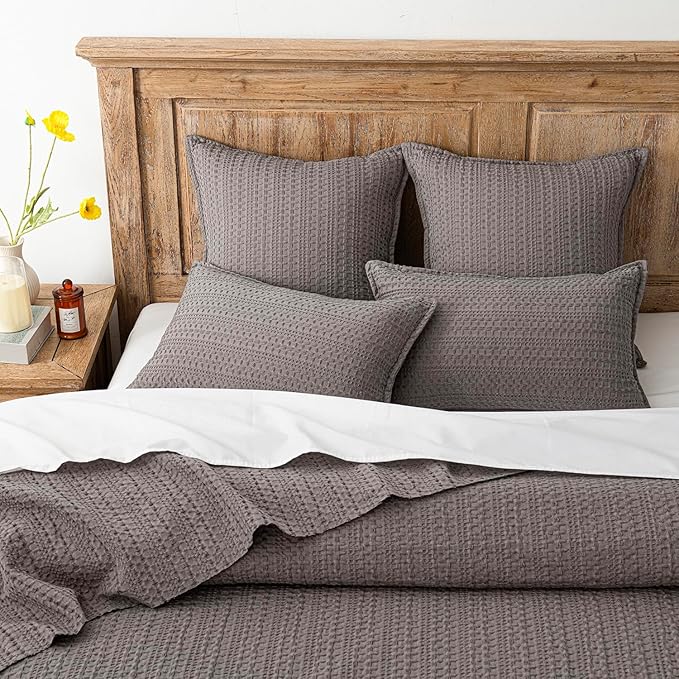 Foindtower Set of 2 Decorative Cotton Waffle Weave Throw Pillow Covers Euro Shams Cushion Covers Accent European Pillowcase for Bed Couch Sofa Bedroom Living Room Home Decor 22×22 Inch Taupe Gray