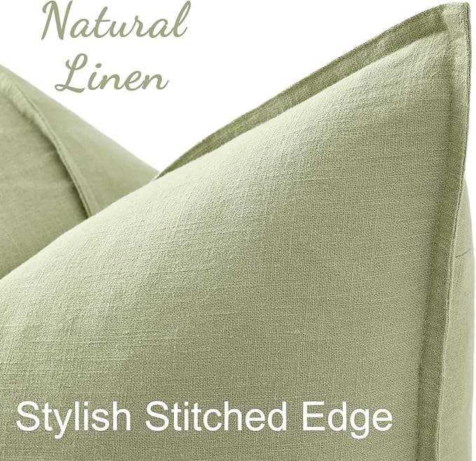 decorUhome Summer Decorative Linen Throw Pillow Covers 20x20 Inch Set of 2 Sage Green Pillow Covers with Flange Edges Soft Farmhouse Boho Accent Pillow Cases for Couch Bed Living Room