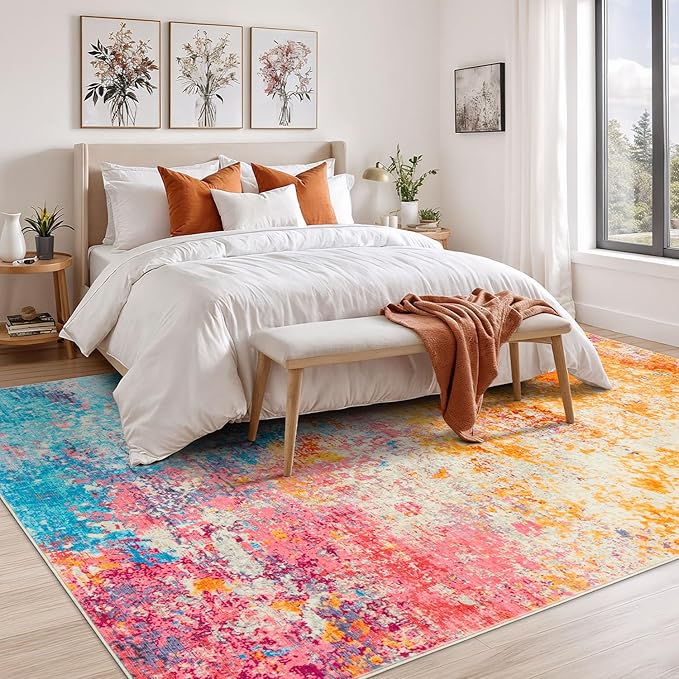 Rugflix 10x12 Area Rugs for Living Room, Washable Large Multicolor Rug Stain-Resistant Low Pile, Modern Carpet for Dining Room Home Office Kid Room Nursery Bedroom, Colorful Rainbow