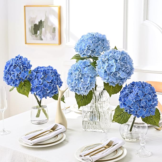 MARTINE MALL 3Pcs 21in Hydrangea Artificial Flowers, Latex Real Touch Hydrangeas Lifelike Large Hydrangea Flowers for Home Decor Party Arrangements Wedding Bouquets Centerpieces (Dark Blue)