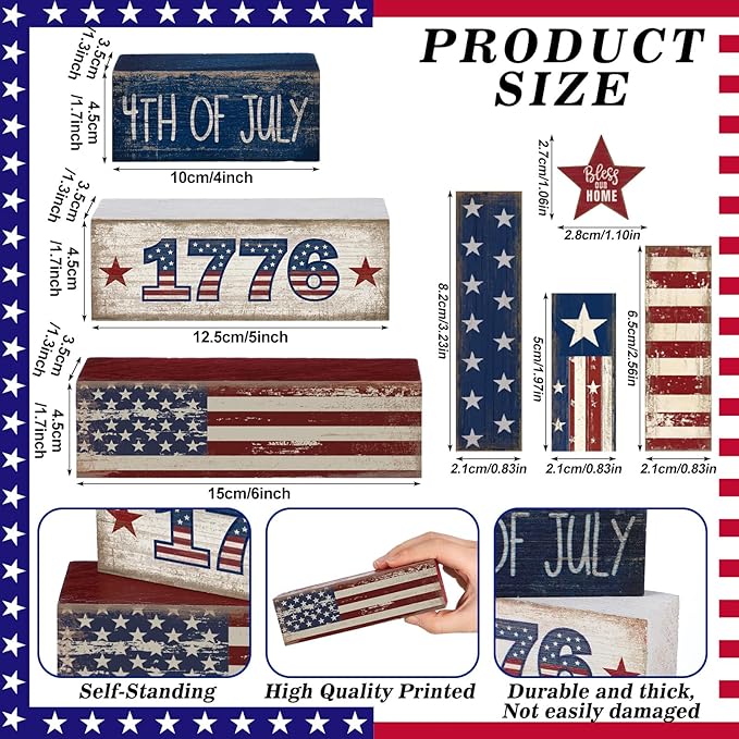 CroBlissful 4 Pcs 4th of July Decorations Patriotic Memorial Day Tabletop Decoration Red White Blue Table Centerpieces Sign for Office Tiered Tray Home Shelf 250th Anniversary(1776)