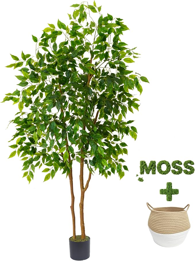 Warmplants Artificial Ficus Tree, 6ft Tall Fake Ficus Tree with Basket, Faux Plant for Indoor Outdoor Home Livingroom Office Garden Porch Décor