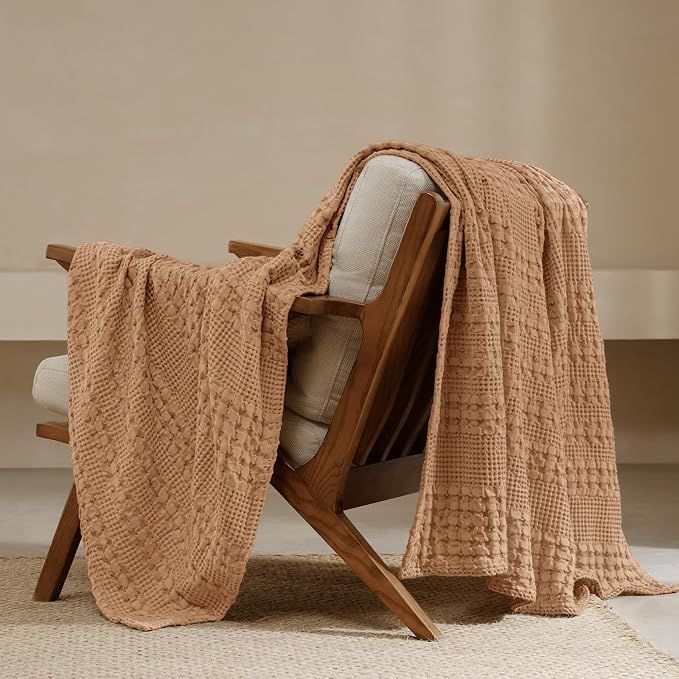 PHF 100% Cotton Waffle Throw Blanket for Couch, Lightweight Breathable and Soft for Summer, Luxury Aesthetic Waffle Weave Blanket for Home Decor & Office, Gifts for Women, 50"x60", Clay