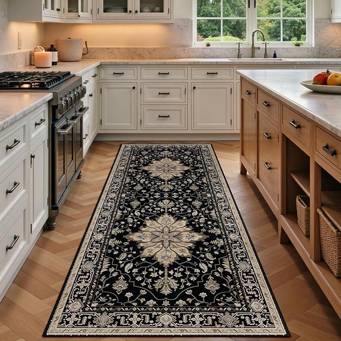 RELEANY Area Rugs 3'x6' Runner Rug Non Slip Washable for Kitchen Hallway Bedroom Beside Laundry Room Bathroom Rug, Floor Carpet, Black Brown Neutral Dark Tan