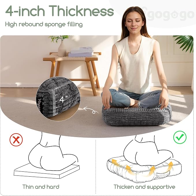 HIGOGOGO Floor Pillow Cushion for Adults, Meditation Cushion Pillow, Blended Corduroy Cover, Large Square Floor Sitting for Tatami Living Room or Yoga, 2Pack, Dark Grey