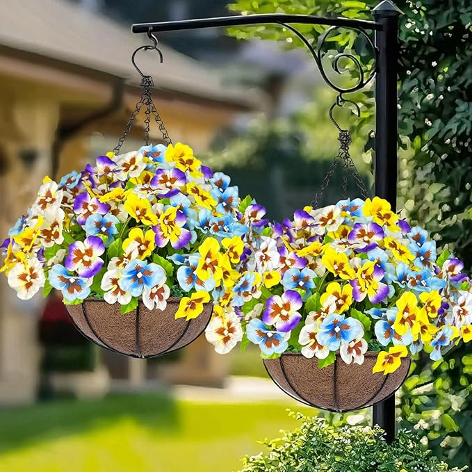 Artificial Hanging Flowers Plants Basket Outdoor Outside Decoration, Pansies UV Resistant Waterproof Colorful Silk Flowers Fake Hanging Planters for Porch Patio Balcony Yard Home Decor