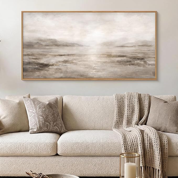 HPNIUB Abstract Neutral Brown Framed Canvas Wall Art Set,Modern Misty Lake Wall Decor, Watercolor Landscape Art Prints, Minimalist Texture Pastel Artwork for Living Room,Bedroom,Office- 20"x40"x1