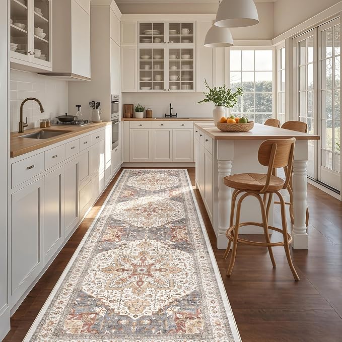 Tortania Area Rug 3x10 Runner Rugs - Washable Vintage Oriental Farmhouse Thin Indoor Carpet for Living Room Bedroom Hallway Entryway Kitchen Under Dining Table Home Office - Orange Multi