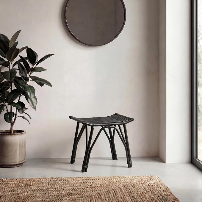 JONATHAN Y Gabriel 18" Handcrafted Rattan and Teak Wood Vanity Stool, Bohemian Backless Accent Ottoman Footstool, Black STL3005C