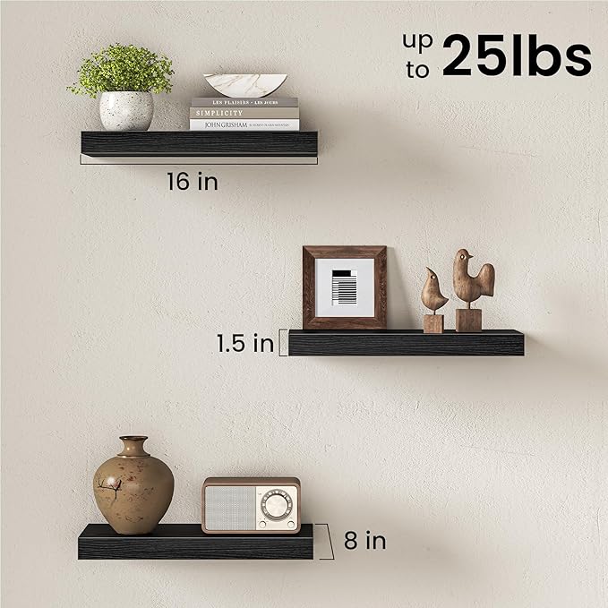Fun Memories 16Inch Floating Shelves for Wall, 8 Inch Deep Shelves for Bathroom|Bedroom|Kitchen Wall Mounted, Wood Hanging Shelf with Invisible Brackets for Home Storage Decor, Black - 2 Pack