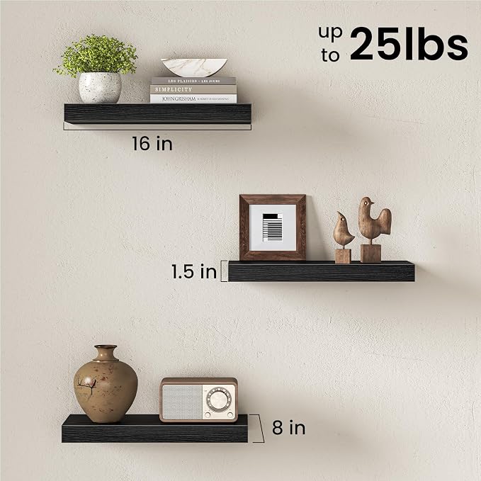 16" Floating Shelves for Wall, Set of 3, 8" Deep, 1.5" Thick, Black | Rustic Wood Wall Shelves with Invisible Brackets, Storage and Display for Bathroom, Bedroom, Living Room or Kitchen