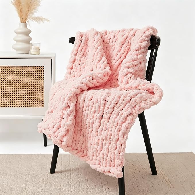 Soft Chunky Knit Throw Blanket for Couch, Cozy Warm Knitted Blankets | Hand Knit with Jumbo Chenille, Lightweight Warm Fluffy Decor for Women, Mom, Her & Girls, Sofa, Chair, Bed, 40"×40" (Pink)