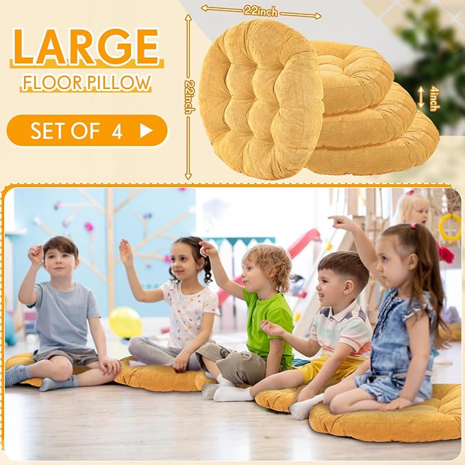 Jerify 4 Pcs Floor Pillow Cushions Large Round Square Large Meditation Floor Pillow for Classroom Adult Meditation Picnic Party Seating Learning Daycare School (Round,Yellow)