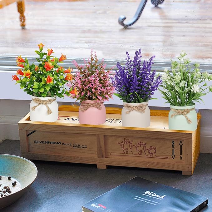 Yoratee 4pcs Artificial Pot Flowers Small Fake Plants with Pot Mini Potted Plants for House Office Tabletop Decoration
