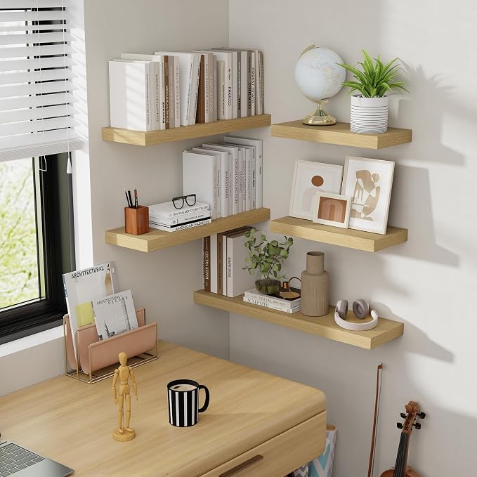 Acovy 16 Inch Floating Shelves, 8 Inch Deep Floating Shelves for Wall, Hanging Shelf with Invisible Brackets, Deep Shelves for Bathroom, Bedroom, Living Room, Oak, Set of 2