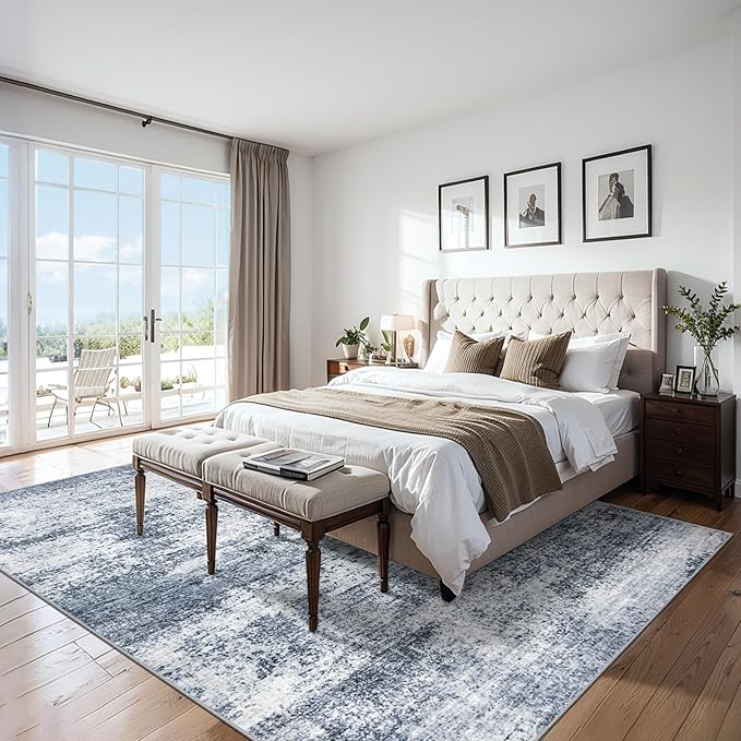 Area Rugs Living Room Rug - 5x7 Washable Modern Abstract Soft Neutral Non-Slip Carpet Large Indoor Floor Thin Carpets for Bedroom Dining Room Farmhouse Nursery Home Office Grey Blue