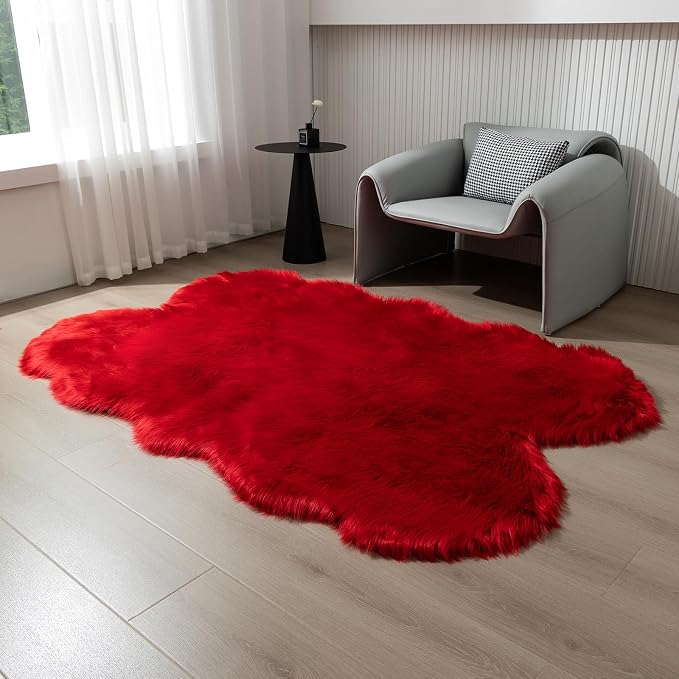 Faux Fur Rug Red Fluffy Sheepskin Area Rug,Ultra Soft Shaggy Plush Rug Bedroom Living Room Sofa Floor Kids Room Bedside（4 x 6 ft Sheepskin）